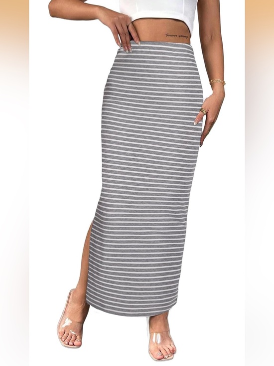 Amazon Dresses & Skirts - Striped Grey & White Knit split slit long skirt, size large